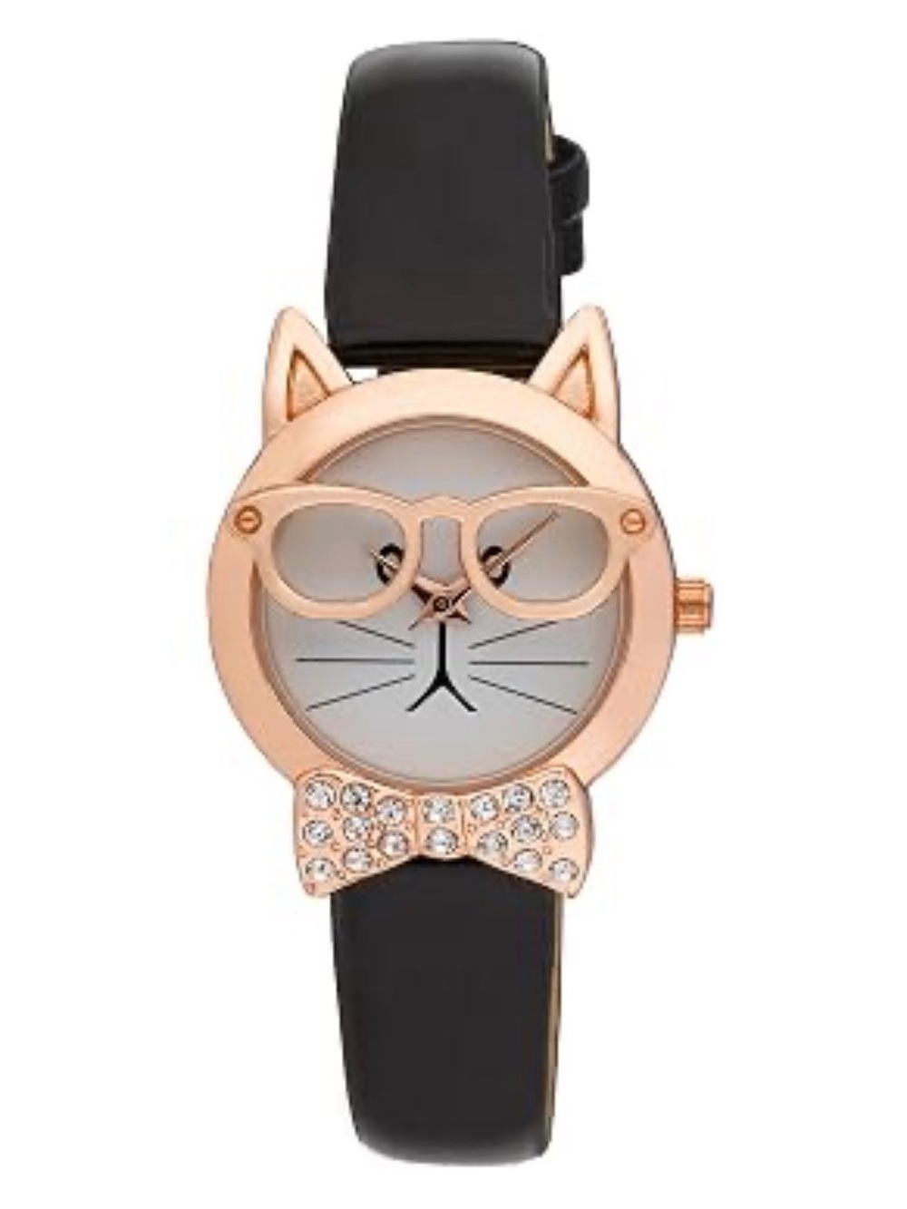 Vernier Cat Face Watch With Bow tie in Gold Tone and Black Leather Band